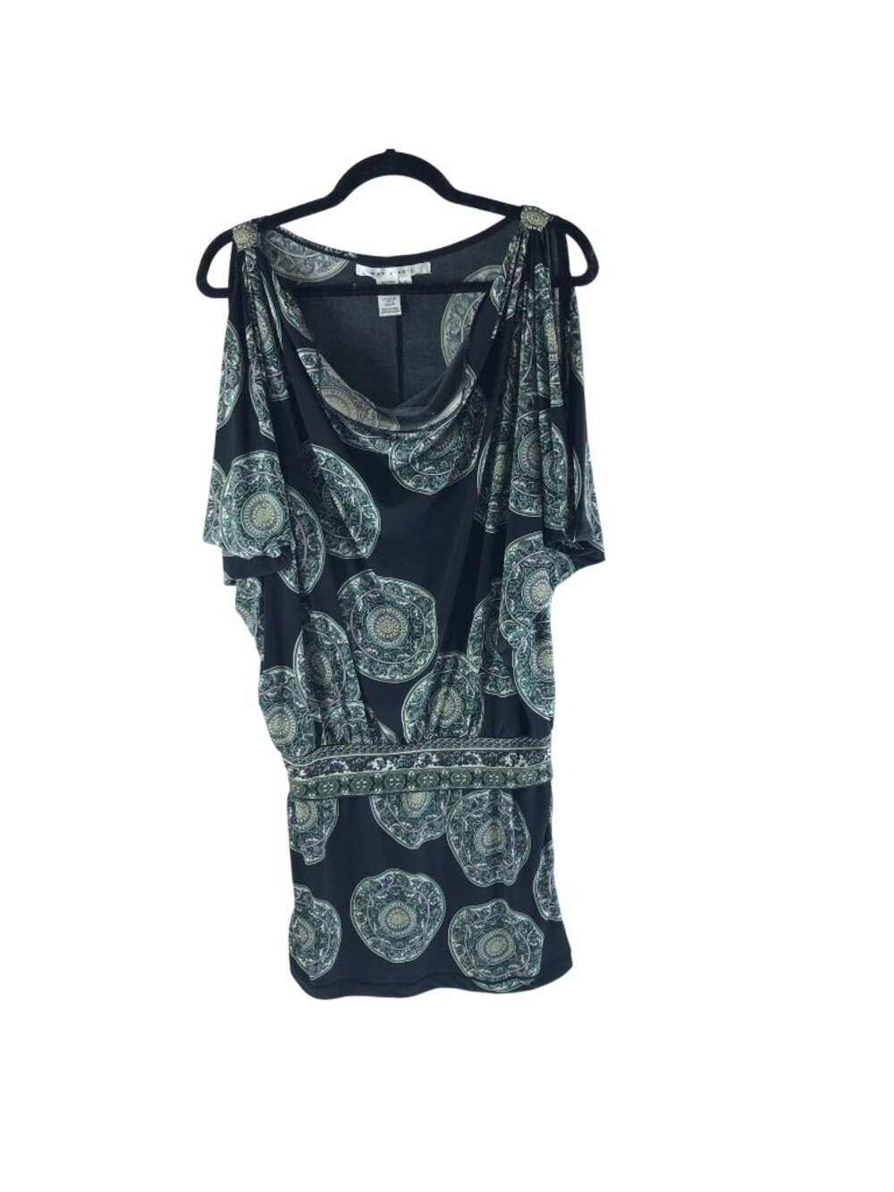 Max Studio Black Batwing Sleeve Dress Green Geometric Print Size S - Picture 1 of 5